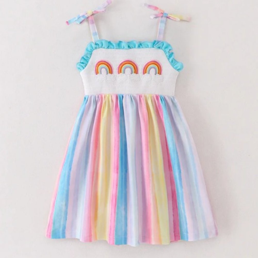 Boutique Rainbow Girls Smocked Embroidered Striped Dress